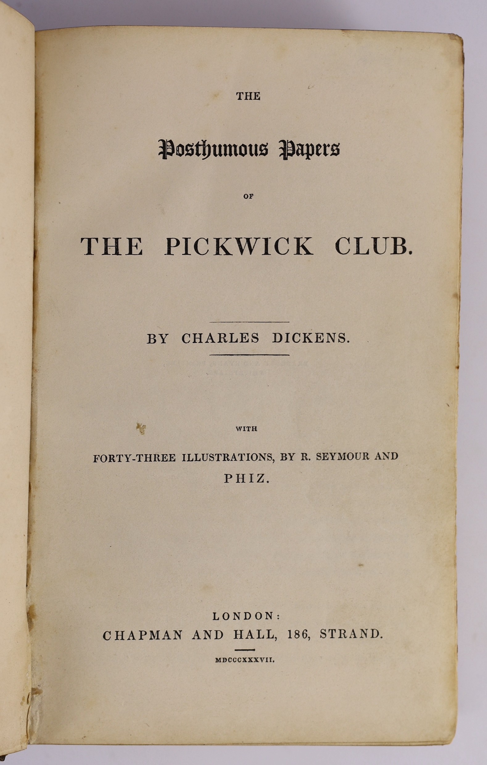 Dickens, Charles - The Posthumous Papers of the Pickwick Club. ‘’Pickwick Papers’’, 1st edition in book form, with mixed 1st state points, stab holes present, 8vo, half calf with marbled boards by Rivière & Son, with fro